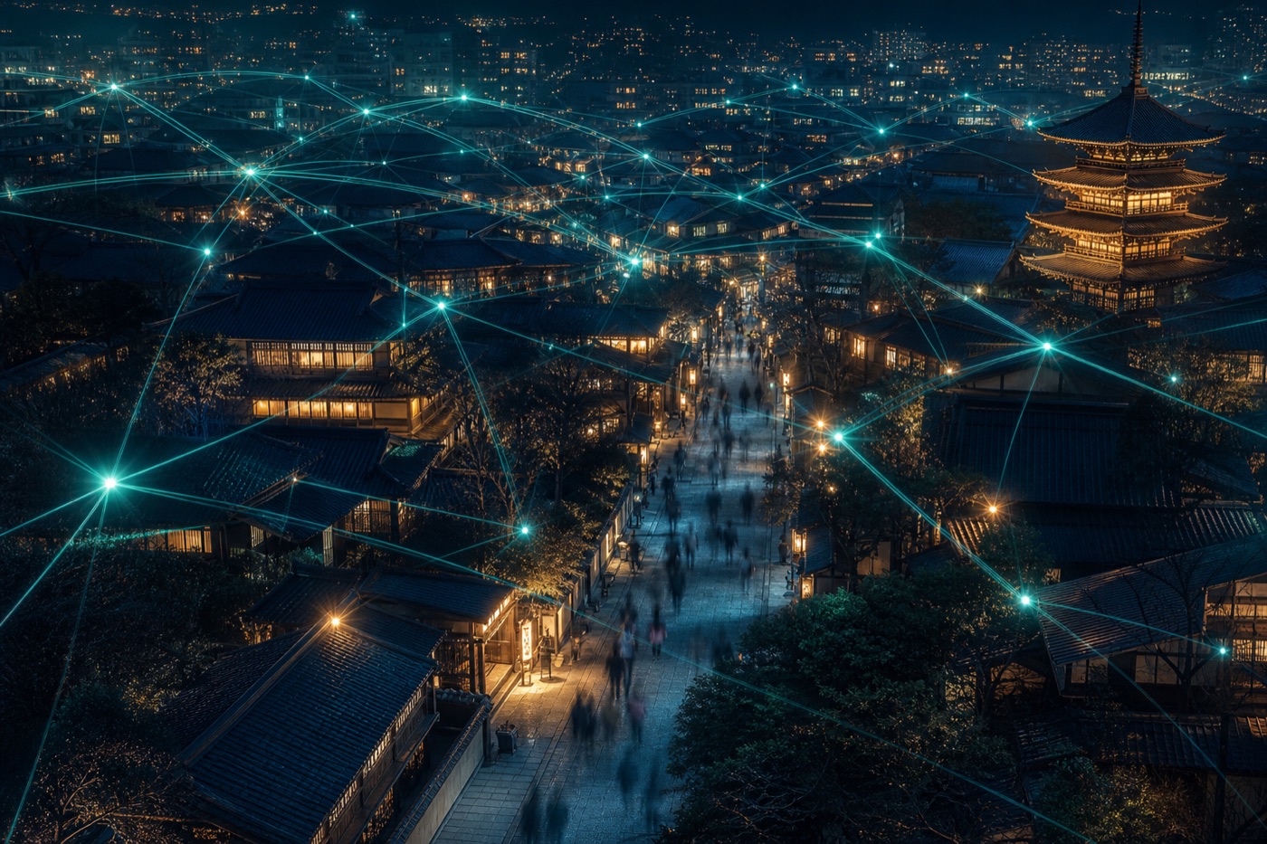 分散AI推論による地域社会行動支援システムのコンセプト（夜の街に重なる光のネットワーク）