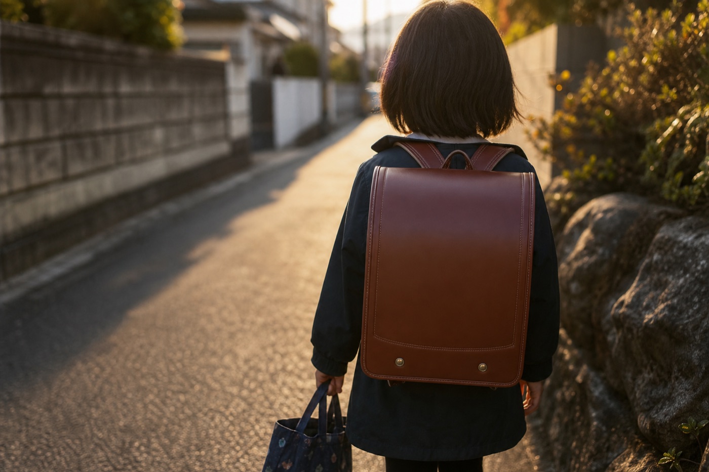夕方の通学路を歩く子どもの後ろ姿（顔なし）